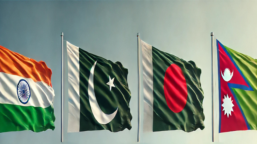 Flags of India, Pakistan, Bangladesh, and Nepal waving on flagpoles against a clear sky.