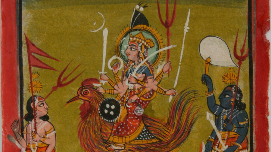 Bahuchara on her cockerel vahana (mount), attended by Gorabhairava (the fair Bhairava) and Kalabhairava (the dark Bhairava). Mewar, circa 1820-40. Gouache on warqa. 13.1 x 10cm