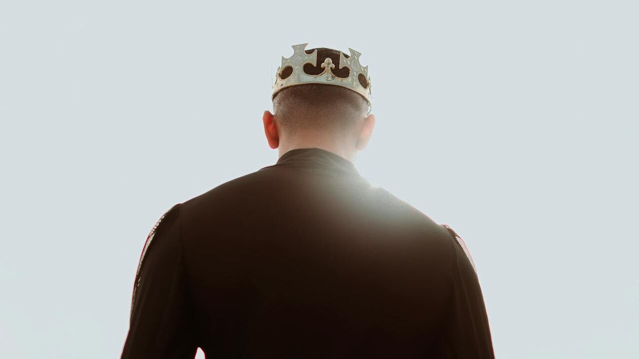 Back view of a person wearing a metallic crown, standing against a bright light on a pale background.