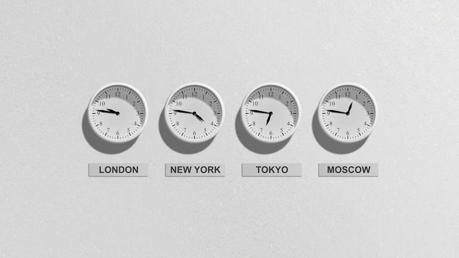 Wall with four clocks displaying current times in London, New York, Tokyo, and Moscow, labeled underneath.