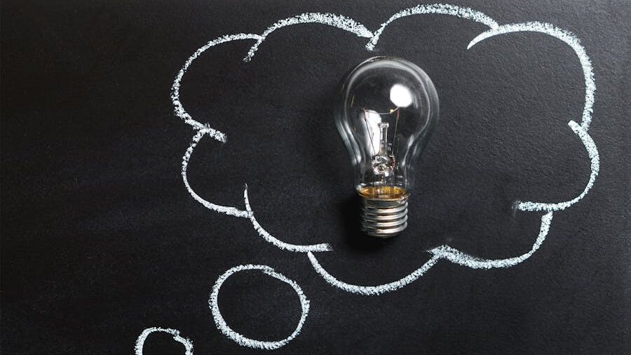 Clear light bulb placed at the center of a chalk-drawn thought bubble on a blackboard.