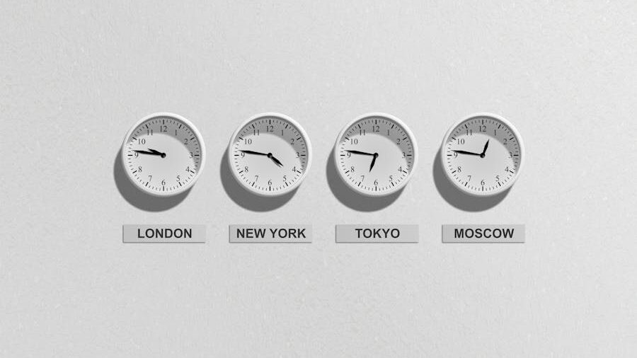 Four wall clocks labeled London, New York, Tokyo, and Moscow, each displaying a different local time.